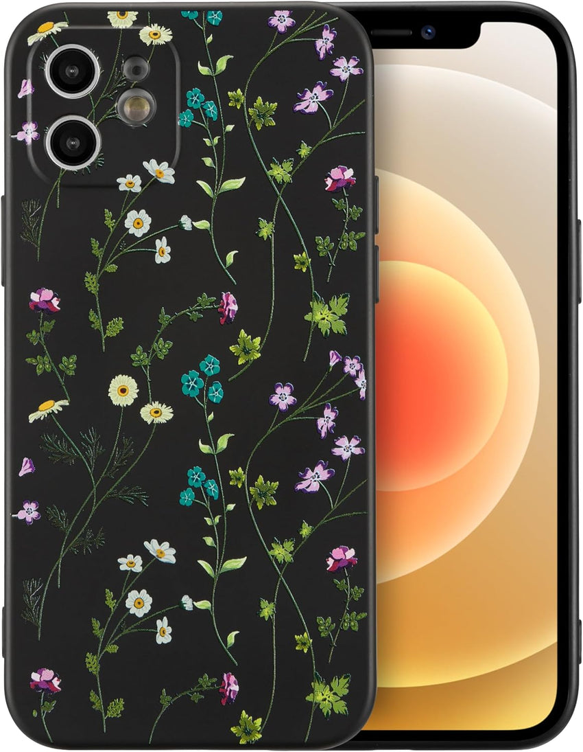 RALEAVO Floral Case for iPhone 12 Silicone Cute Cover for Women,Black