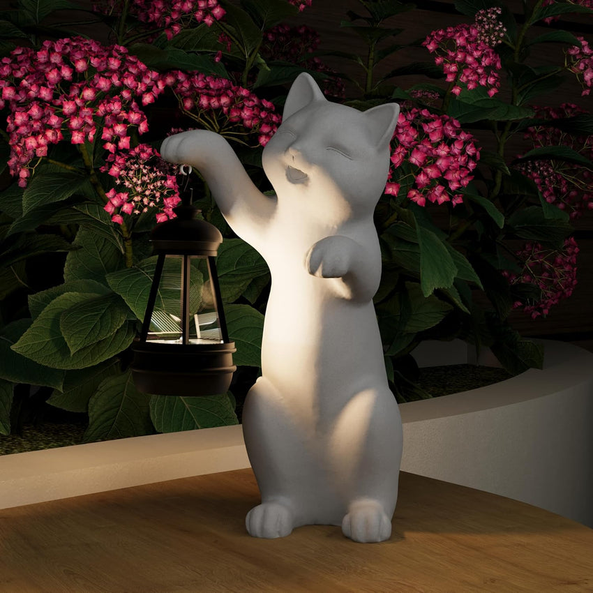 Solar Powered Garden Resin Statue Lights, 10 Inch Waterproof Outdoor Animal Cute Cat Figurine Lights, Suitable for Patios, Balconies, Lawns, Courtyards, Etc(Hand)