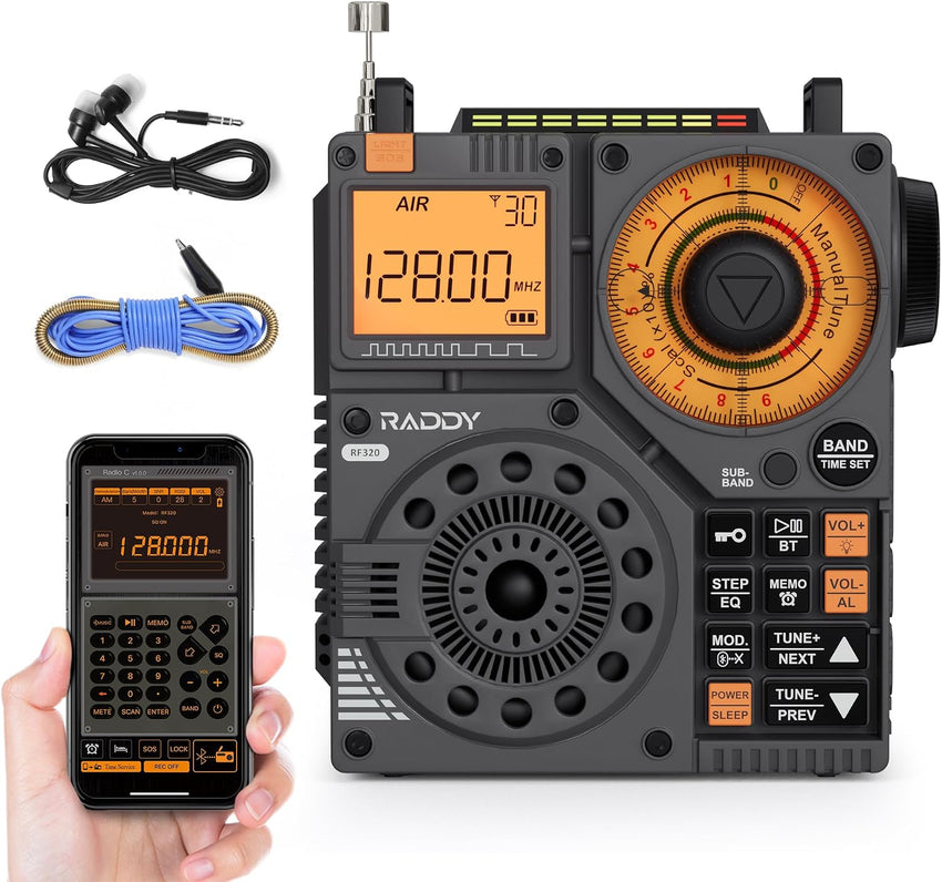 Raddy RF320 APP Control Shortwave Radio, AIR/FM/VHF/SWReceiver with Bluetooth, Portable Radio Rechargeable with 9.85 Ft Wire Antenna