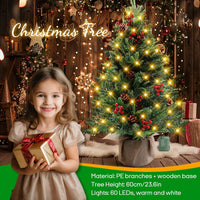 MaxEarn 60CM Mini Christmas Tree with 50 LED String Lights, DIY Artificial Christmas Tree with Star and Red Bowknots, Pine Cones and Red Berries Decoration for Xmas, Home, Kitchen, Dining Table Decor