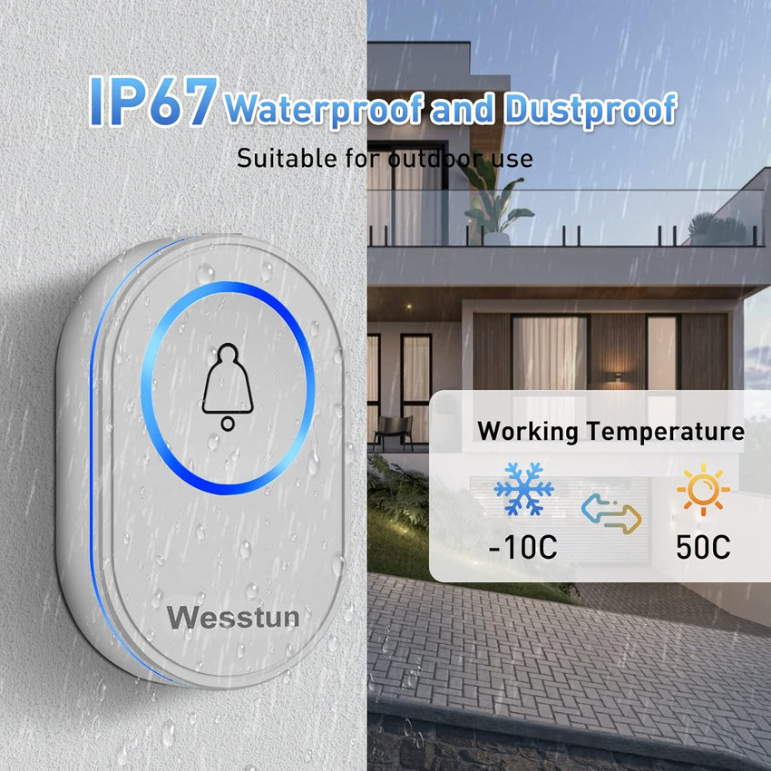 Wireless Doorbell, Waterproof Door Bells Wireless Cordless Kits with 39 Loud Chimes & 5 Levels Volume Adjust, Doorbell Wireless Transmitter Battery Operated Easy Install at Home, White