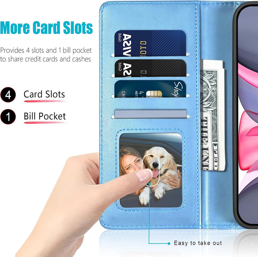 Kuafcase Compatible for iPhone 11 Case with 4 Card Slots Magnetic Closure Kickstand Shockproof Protective Phone Case Compatible for iPhone 11 - Sky Blue