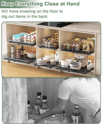 UMDONX 2 Pack Pull out Cabinet Organiser Drawers Kitchen Cupboard Storage, No Punch Extendable Sliding Rack Shelf Adhesive Peel and Stick (Metal, Black)