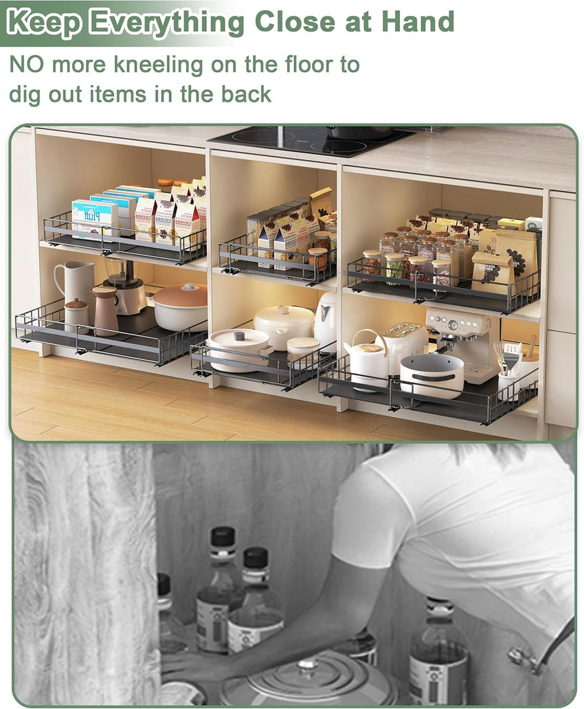 UMDONX 2 Pack Pull out Cabinet Organiser Drawers Kitchen Cupboard Storage, No Punch Extendable Sliding Rack Shelf Adhesive Peel and Stick (Metal, Black)