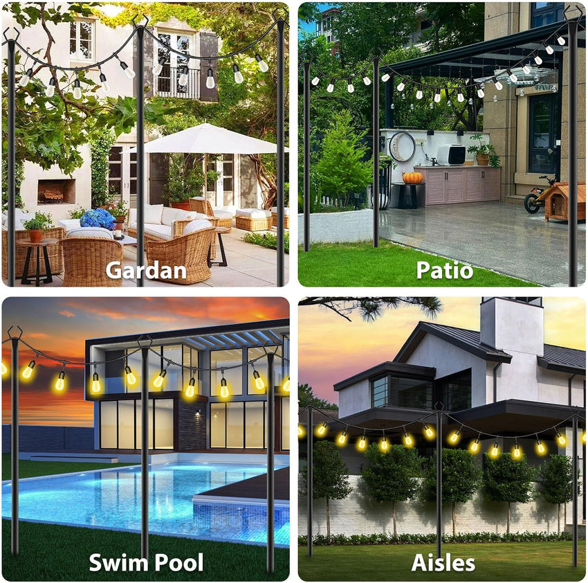 String Light Pole Metal 3m Rustproof Hanging Light Support with Hooks â 6-Pack