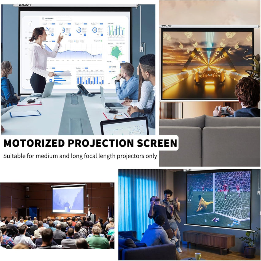 WASJOYE 100"Motorized Projector Screen Electric Diagonal Automatic Projection 16:9 8K HD Movies Screen for Home Theater Cinema Office Video Game Indoor W/Remote Control and Wall/Ceiling Mount