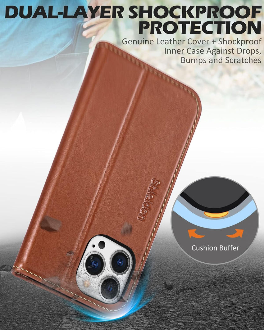 SHIELDON Wallet Case for iPhone 13 Pro Max 5G, Genuine Leather Folio Case [Magnetic][Shock Absorbing][RFID Blocking][Credit Card Slots][Kickstand] Compatible with iPhone 13 Pro Max 6.7", Retro Brown