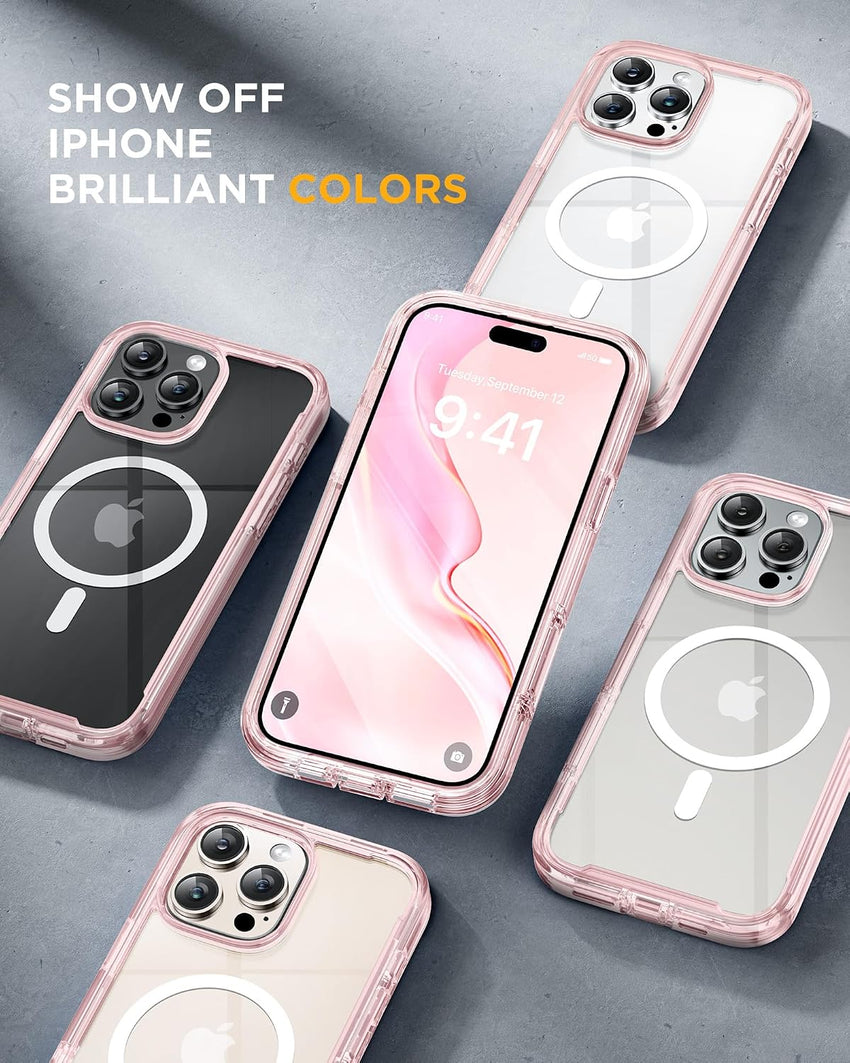 Miracase Magnetic Case for iPhone 16 Pro Case 6.3-Inch, Full Body Bumper Case Compatible with MagSafe and Built-in 9H Tempered Glass Screen Protector + Camera Lens Protector (Clear Pink)