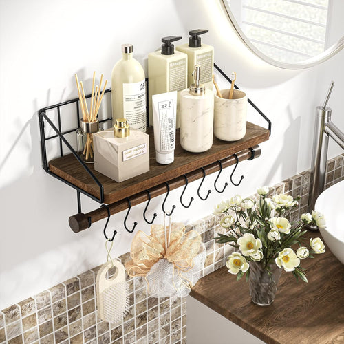 Alsonerbay Floating Shelves Wood Kitchen Shelves Wall Mounted,Rustic Storage with 8 Removable Hooks Small Floating Shelf with black Metal and dark brown Wood for Kitchen Bathroom Bar