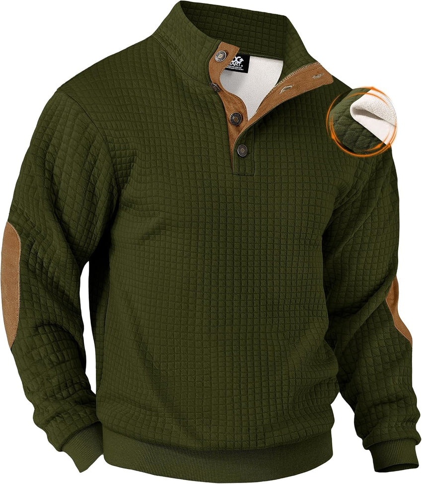 Men's Waffle Pullover Ribbed Corduroy Stand Collar Fleece-Lined Quarter Zip Sweater Green L