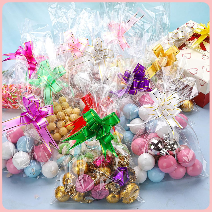 Cellophane Bags 100 Pack Clear Flat Pockets 15x25cm â Includes 150 Colourful Pull Bows