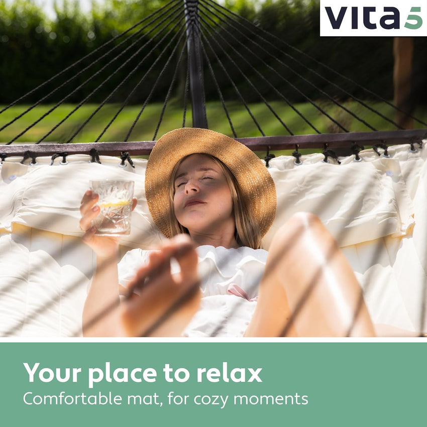 Vita5 Hammock with Stand and Sidetable â 2 Person Garden Hammocks with Cup Holder & Detachable Pillow - Heavy Duty 200kg Capacity, Indoor & Outdoor Hammock: Patio, Pool, Backyard - Beige