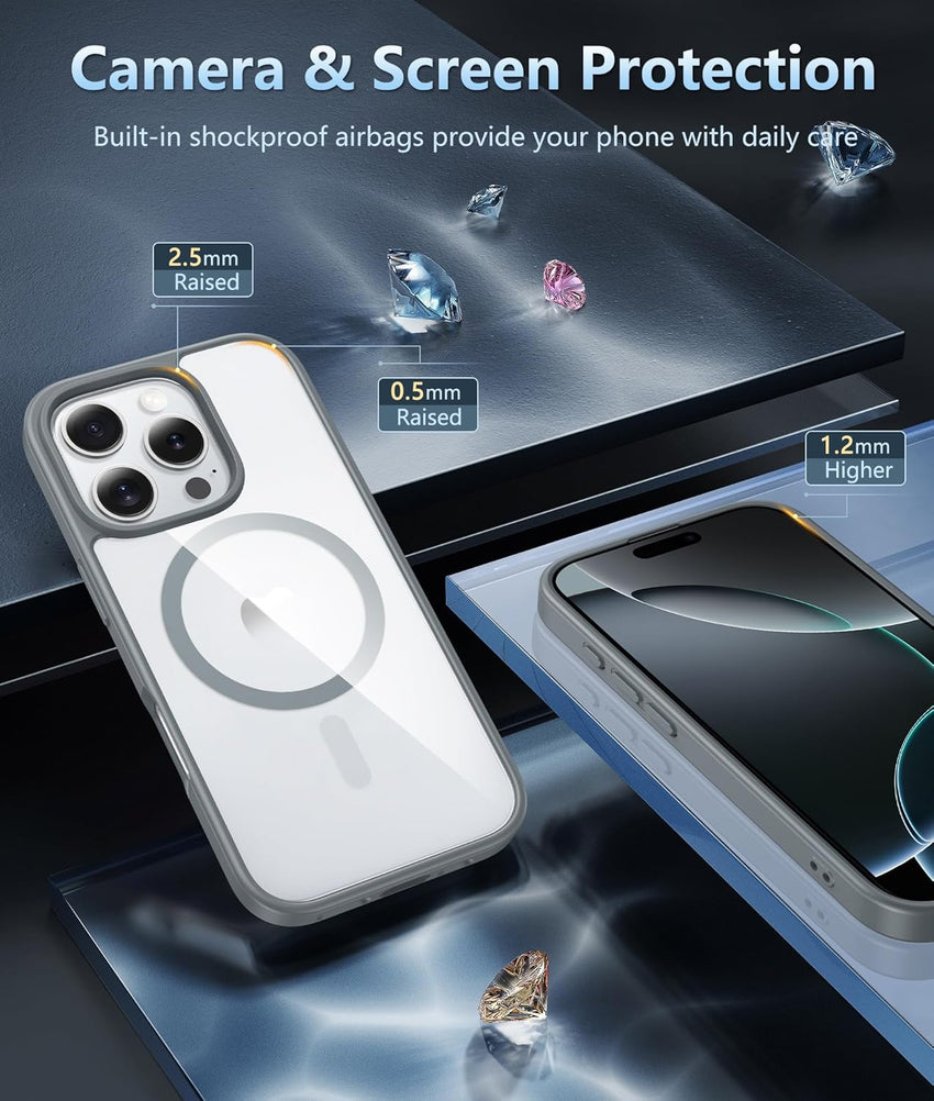 FNTCASE for iPhone 16 Pro Case: iPhone 16 Pro Phone Clear Case Magnetic Military Grade Drop Protection Anti Yellowing Cell Phone Cover - Rugged Shockproof Protective Bumper Transparent Cases - Gray
