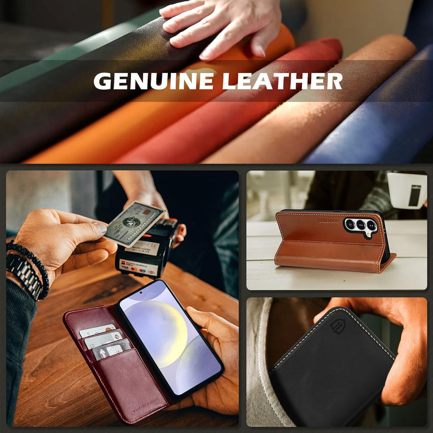 SHIELDON Flip Case for Galaxy S24 FE 6.7", Genuine Leather Wallet Case with [Kickstand][RFID Blocking][Card Slots][Magnetic Closure] Shockproof Phone Cover Compatible with Galaxy S24FE - Navy Blue