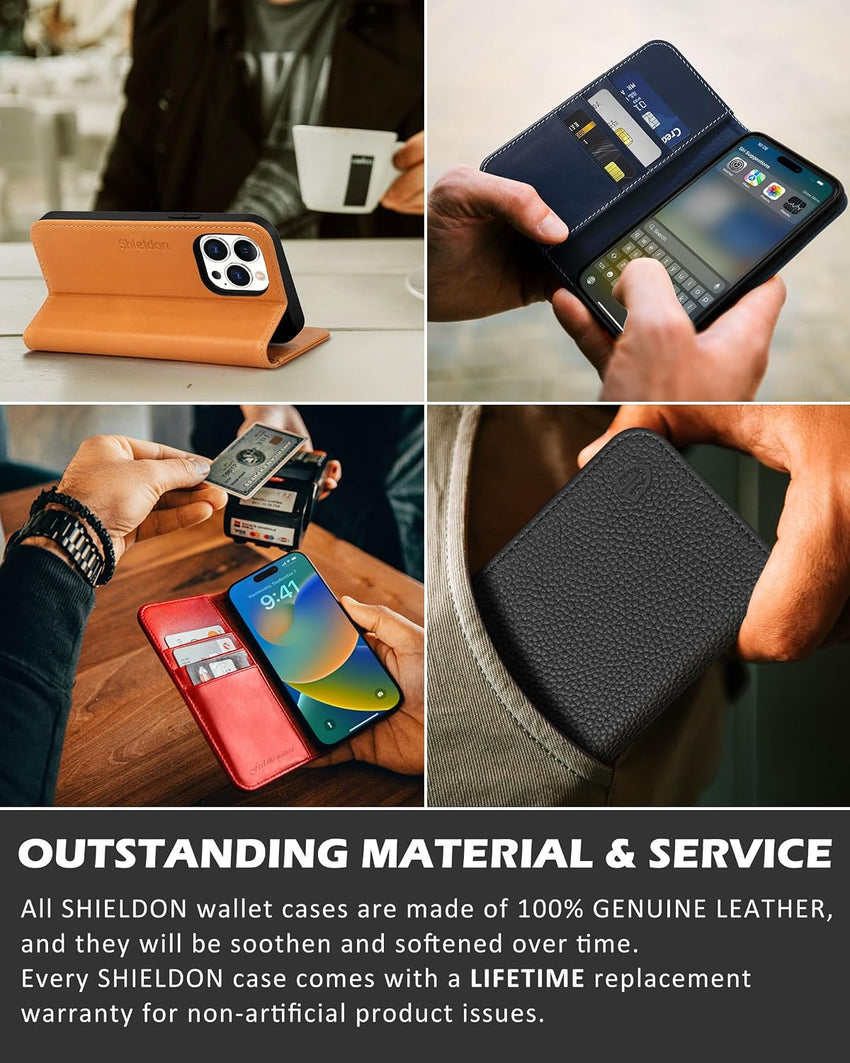 SHIELDON Wallet Case for iPhone 13 Pro Max 5G, Genuine Leather Folio Case [Magnetic][Shock Absorbing][RFID Blocking][Credit Card Slots][Kickstand] Compatible with iPhone 13 Pro Max 6.7", Retro Brown