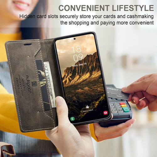 LOLFZ Wallet Case for Samsung Galaxy S24 Plus 5G, Magnetic Flip Leather Case with RFID Block Card Slots Kickstand Shockproof Protective Cover Compatible with Galaxy S24 Plus 5G - Coffee Brown