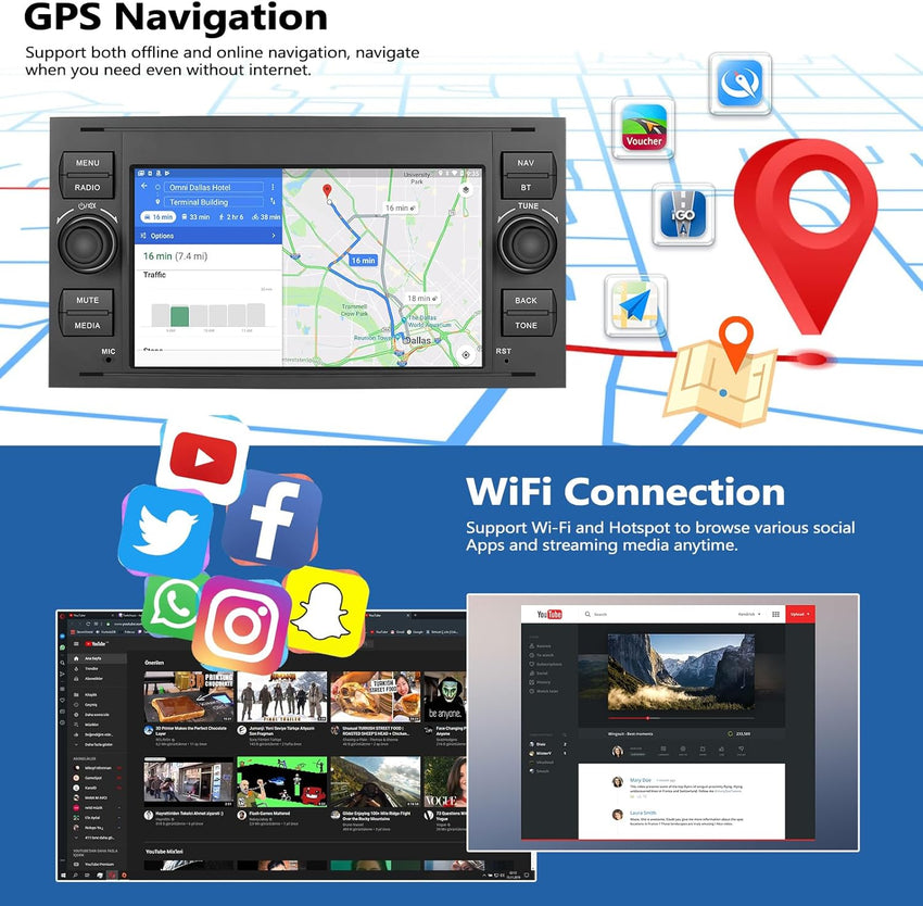 CAMECHO 2G+64G Android 13 Car Stereo for Ford Fiesta Focus Kuga Transit Connect Mondeo Smax with Wireless Carplay Android Auto 7" Touch Screen Bluetooth Car Radio with GPS WiFi FM RDS Reversing Camera