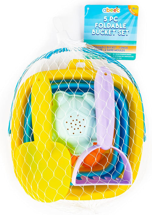 abeec 5 Piece Foldable Beach Bucket Set â Collapsible Sand Bucket & Sandpit Toys â Ideal Beach, Outdoor, Water, and Sand Toys for Kids