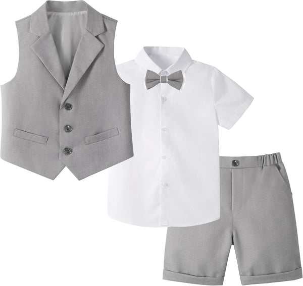 Boys' 4-piece Summer Formal Suit Short-Sleeve Shirt Vest Bow Tie Shorts Grey 11-12 yrs (160)