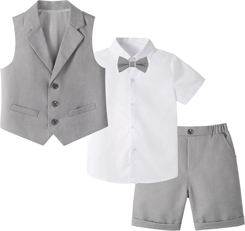 Boys' 4-piece Summer Formal Suit Short-Sleeve Shirt Vest Bow Tie Shorts Grey 11-12 yrs (160)