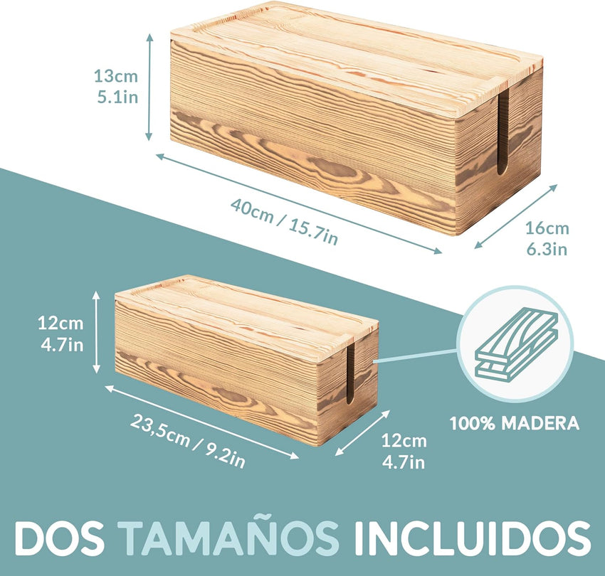 NATURE SUPPLIES Cable Tidy Box Set of Two for TV, Computer, Desk Cable Management with Real Wood Dark Brown Finish, Large and Small Sizes for Power Strip and Wire Storage