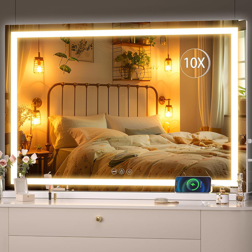 Hasipu Vanity Mirror with Lights, 95 x 65cm LED Makeup Mirror, Lighted Makeup Mirrors with Dimmable 3 Modes, Touch Screen Control Vanity Mirrors Square White