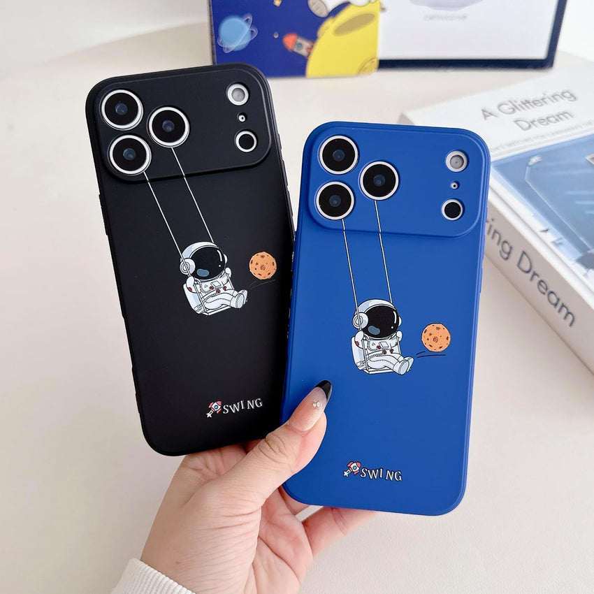Yonds Queen for iPhone 17 Pro Max Cute Case, Cool Cartoon Swing Astronaut Planet Moon Design Stylish TPU Bumper Shockproof Anti-Slip Protector Fashion Case (Black Planet, iPhone 17 Pro Max)