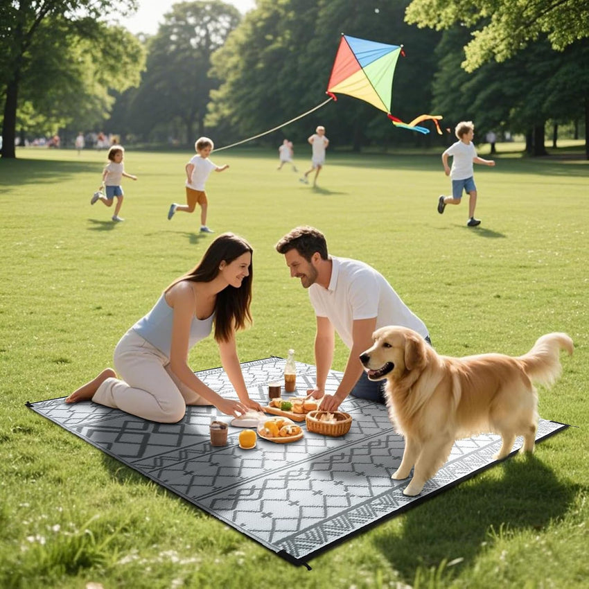 Xfrog Large Outdoor Patio Rugs for Garden Waterproof Indoor & Outdoor Recycled Plastic Carpet Area Rugs for Porch, Deck, Balcony, Garden, Picnic, Kitchen, Hallway Moroccan Grey & White 120 x 180 cm