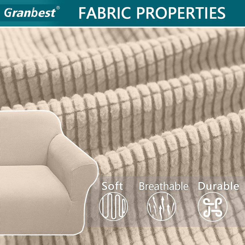 Granbest High Stretch Sofa Covers 3 Seater Super Soft Stylish Couch Covers for Dogs Pets Cats Jacquard Spandex Non Slip Sofa Slipcover for Living Room Furniture Protector (3 Seater, Beige)