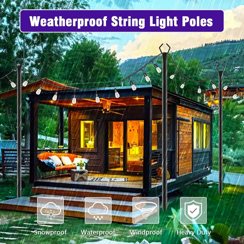 String Light Pole Metal 3m Rustproof Hanging Light Support with Hooks â 6-Pack