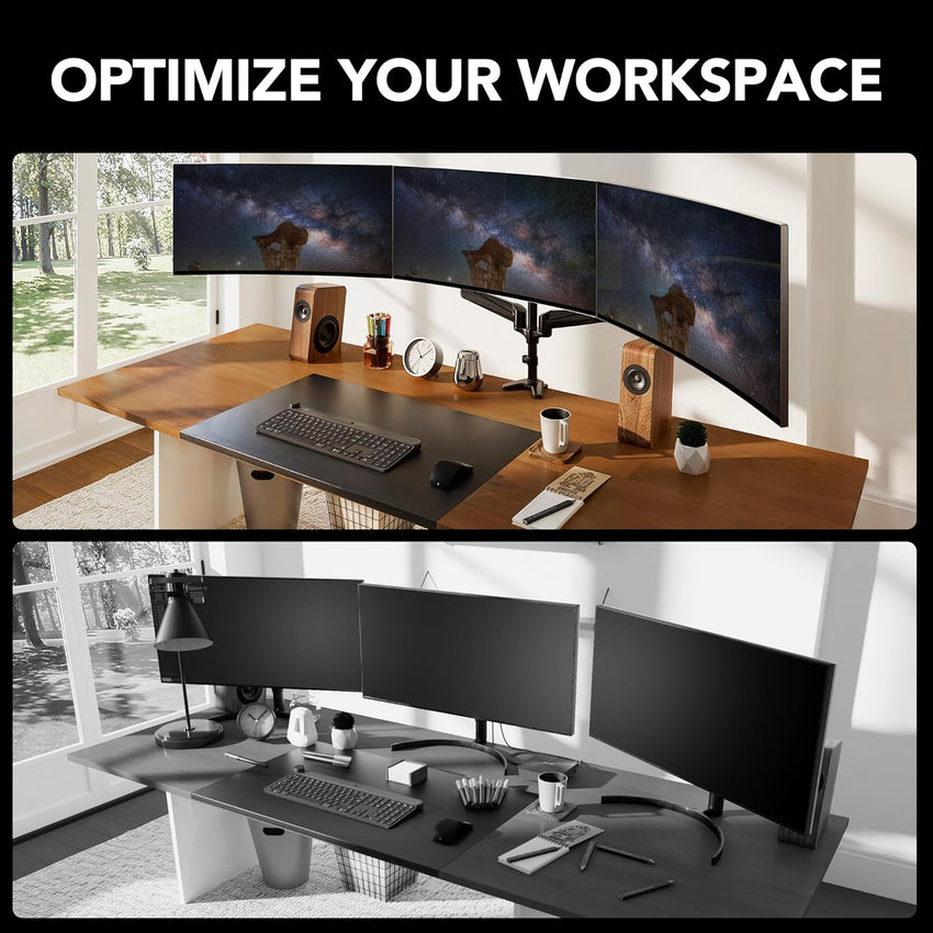 HUANUO Triple Monitor Stand Desk Mount for 17-32 Inch Screens, Adjustable Arms With Tilt, Swivel, 2 Mounting Bases, Each Arm Holds up to 8KG, VESA 75x75 100x100 Gaming