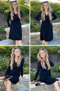 OUGES Women's Fall Long Sleeve V Neck Floral Short Party Dress with Pockets Winter Dress 2023(Black,XL)