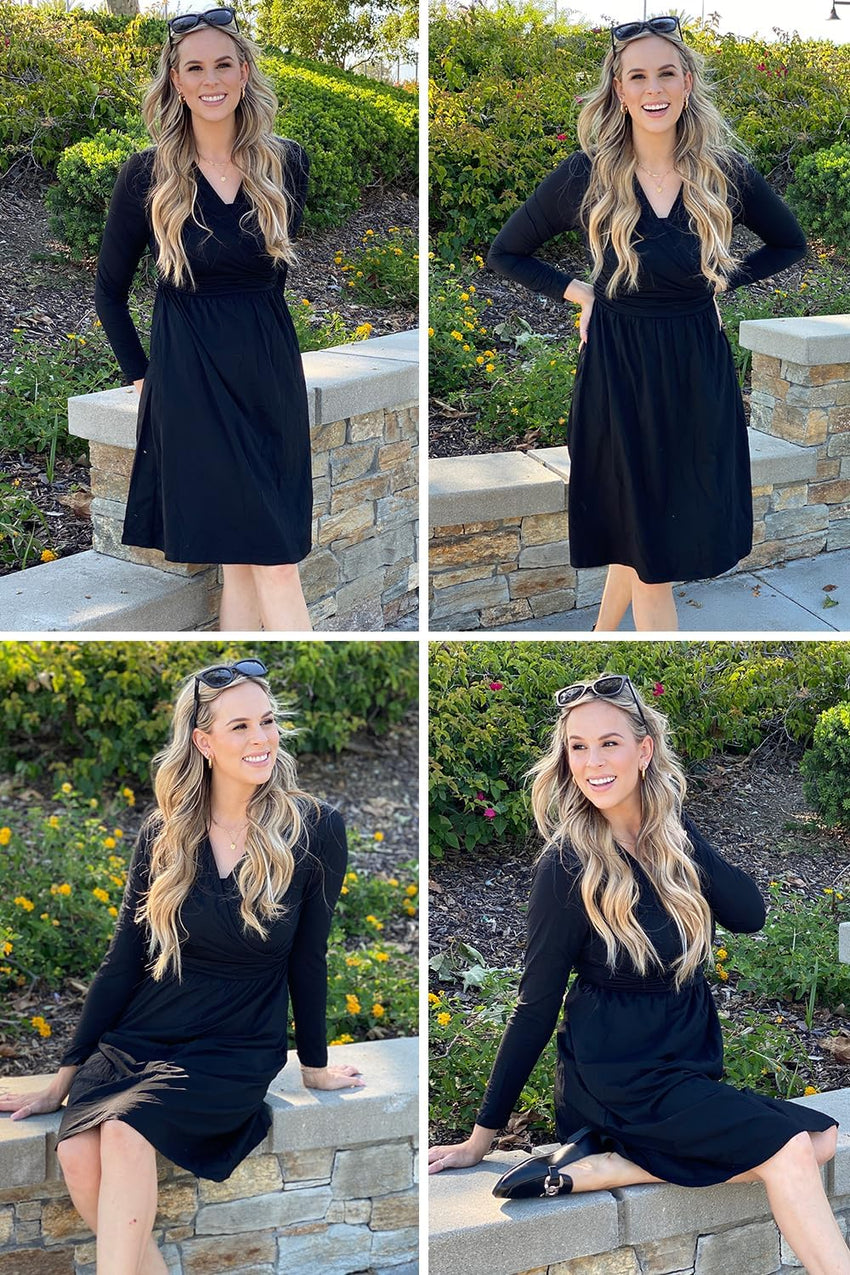 OUGES Women's Fall Long Sleeve V Neck Floral Short Party Dress with Pockets Winter Dress 2023(Black,XL)