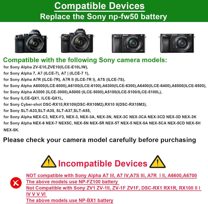 Gonine AC-PW20 AC Power Adapter NP-FW50 Dummy Battery Kit for Sony Alpha ZV-E10 A7 A7R A7S A7II A7RII A7SII A6500 A6400 A6300 A6100 A6000 A5100 A5000 RX10 II III IV NEX-3 NEX-5 NEX-7 Camera