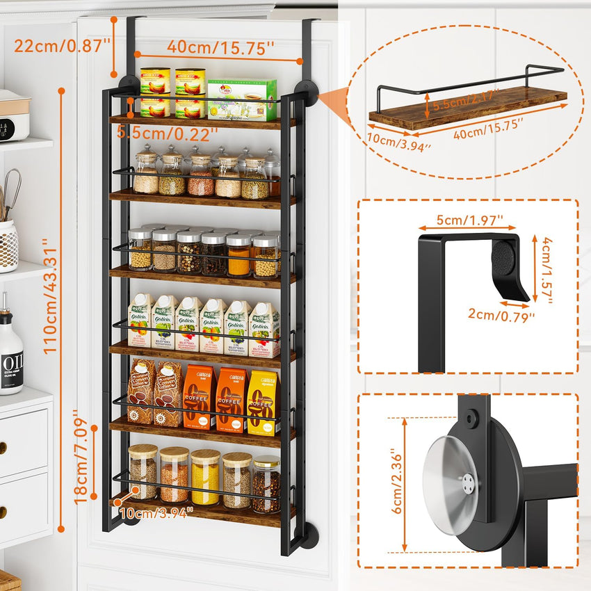 6-Tier Wall-Mounted Spice Rack Door Organizer with Shelves Brown