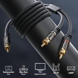 KabelDirekt - 10m - RCA/phono Y cable, 1 to 2, stereo audio cable (coax, RCA/phono male/male cinch plugs, analogue/digital, adapter for subs/amps/Hi-Fis/home cinema/receivers, black)