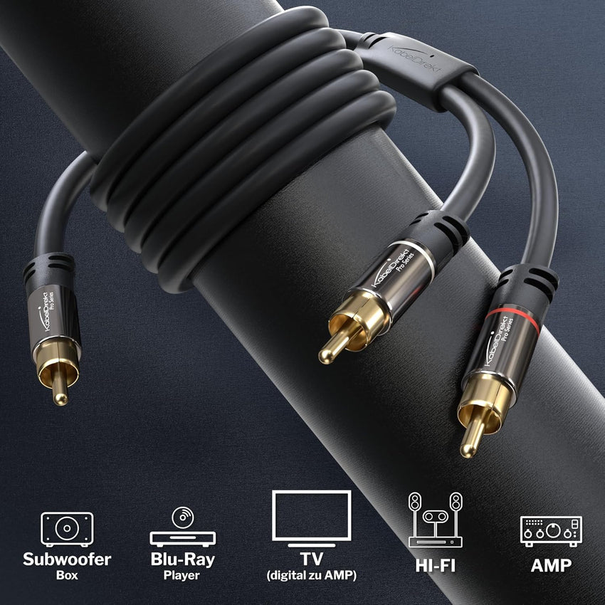 KabelDirekt - 10m - RCA/phono Y cable, 1 to 2, stereo audio cable (coax, RCA/phono male/male cinch plugs, analogue/digital, adapter for subs/amps/Hi-Fis/home cinema/receivers, black)