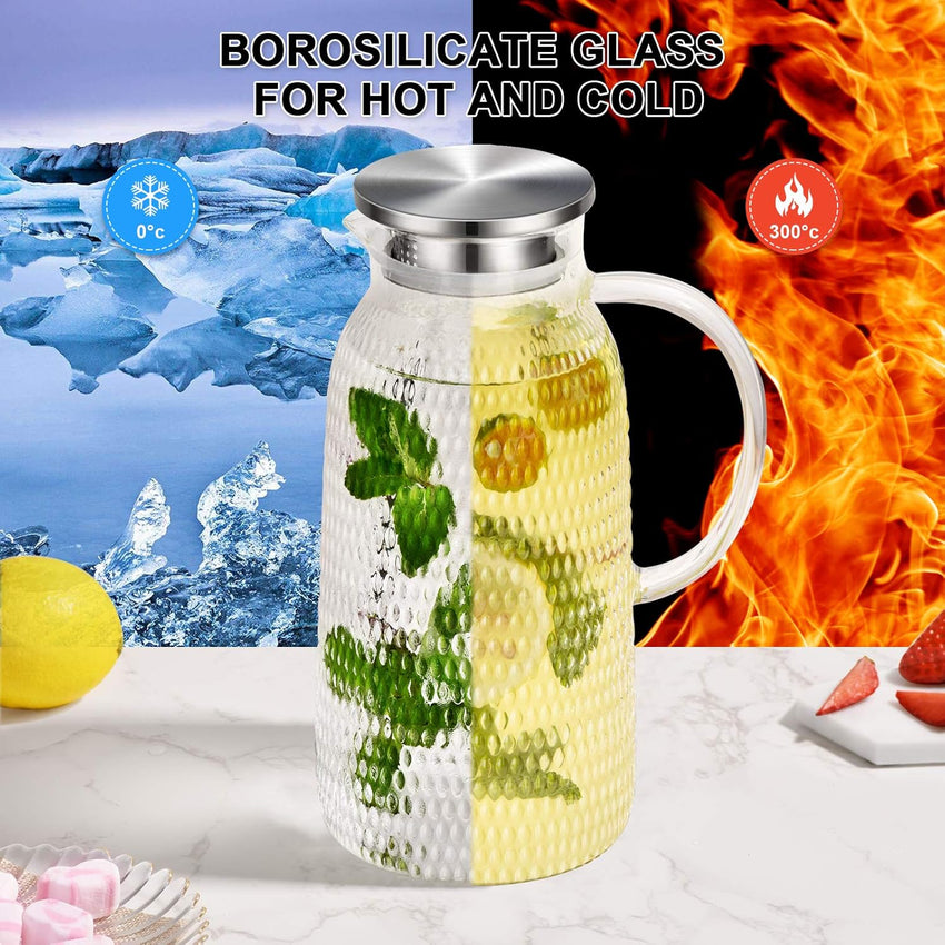 Water Jug, 2.4 L Glass Jug, Water Jug for Fridge, Jug with Lid, Heat Resistant Pitcher, Glass Water Jug for Cold or Hot Beverages, Fridge Water Jug for Juice Sangria, Glass Jug with Lid, Easy Clean