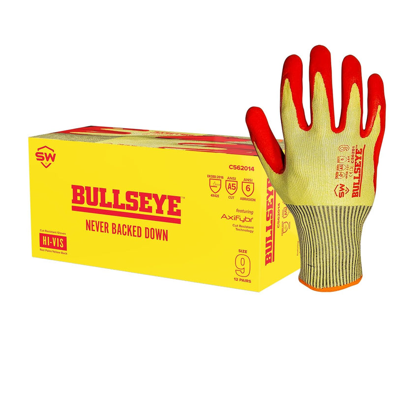 Cut-Resistant Work Gloves Nitrile Palm Enhanced Grip Red/Hi Vis Yellow L 2pc