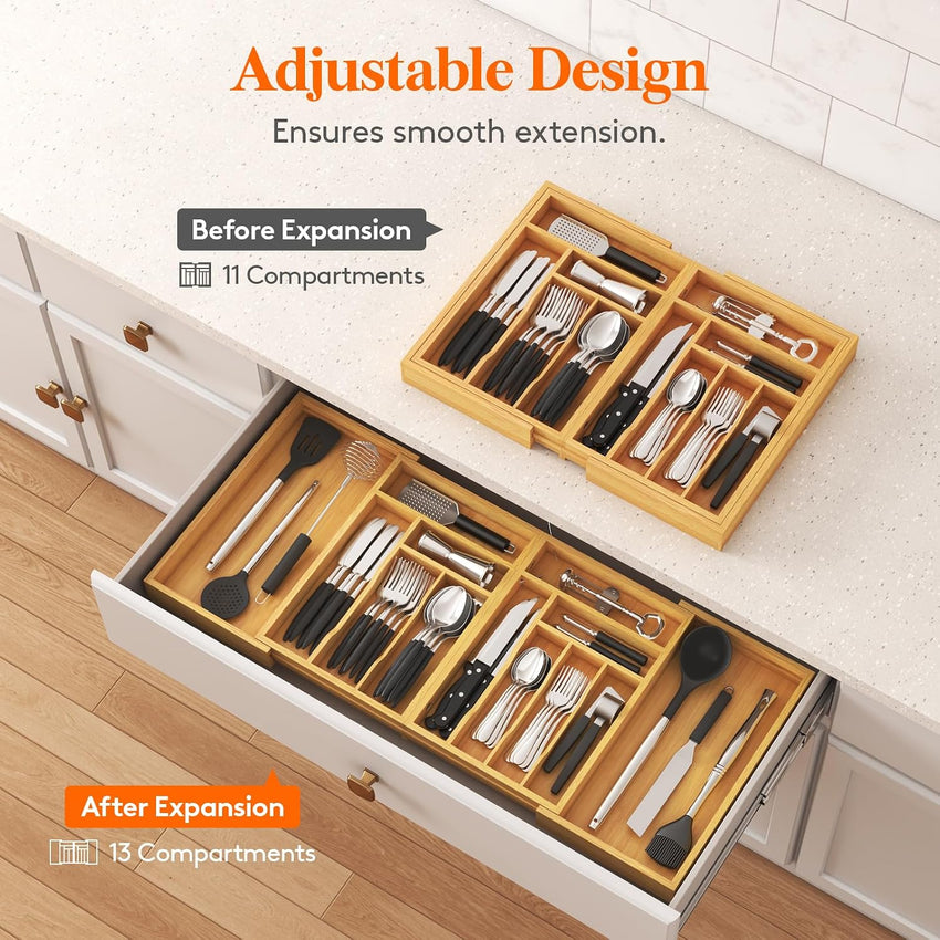 Lifewit Bamboo Extra Large Cutlery Drawer Organiser, Expandable to 36 Inches Cutlery Tray for Kitchen, Adjustable Silverware and Flatware Holder, Plastic Utensil Storage for Spoons Forks Knives