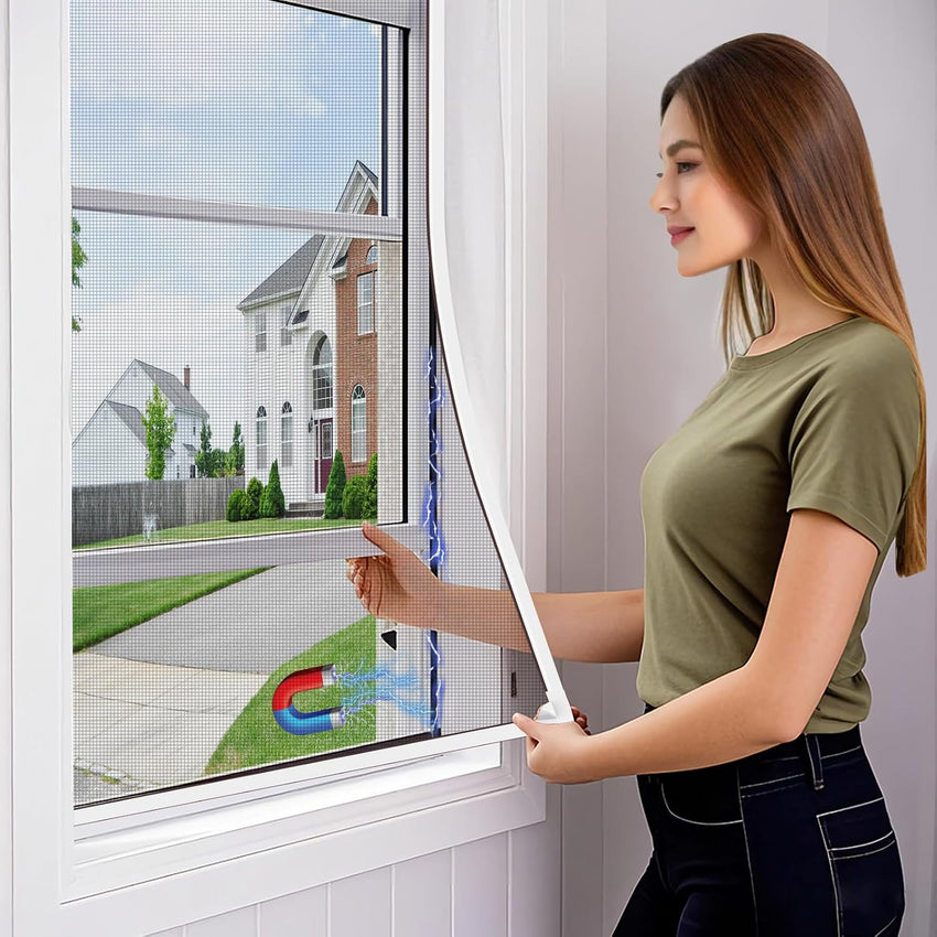 OWYR Adjustable Magnetic Fly Screen Window - DIY Fit Up to 120x130cm, Fiberglass Insect Mesh for Mosquito Net & Bug Screen, Full Frame Magnetic Strip Easy Installation (White Frame Grey Net)