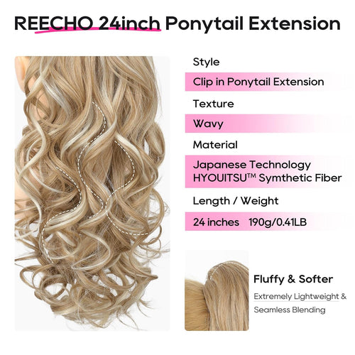 REECHO 24" Claw Clip Ponytail Extension Long Curly Hairpiece â Honey Blonde Highlights