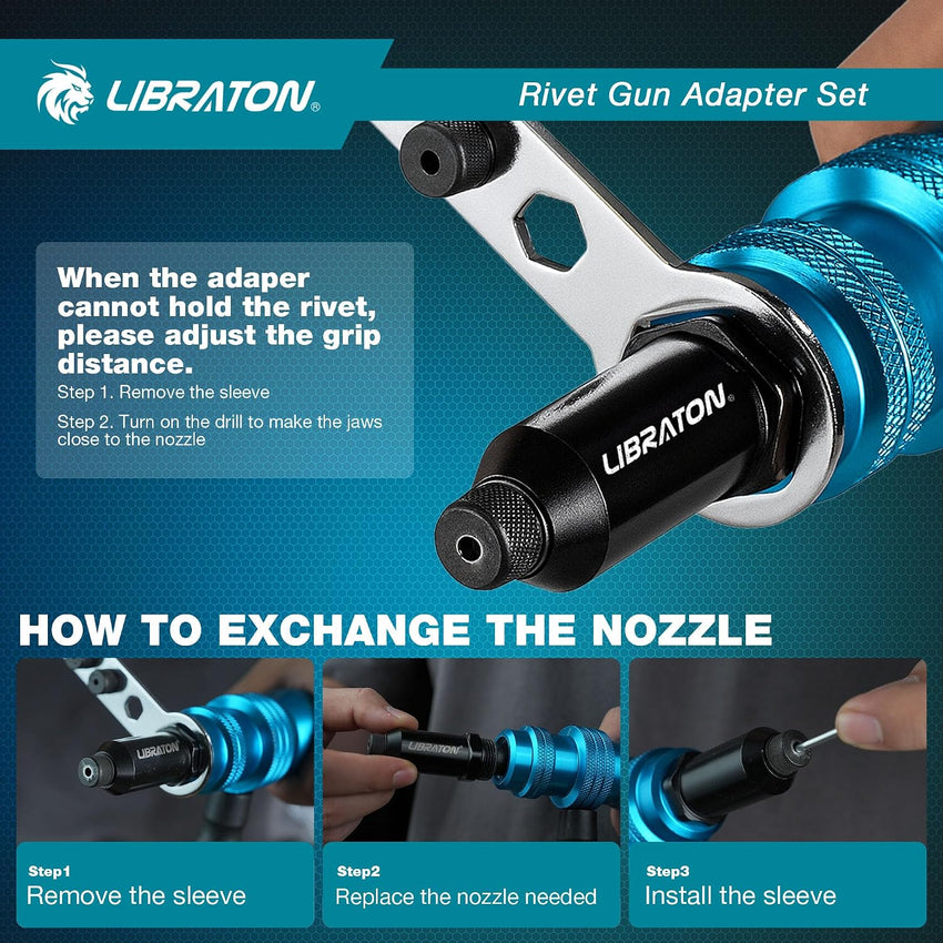 Libraton Rivet Gun Adapter for Electric Drill with Handle for Pop Rivets 2.4mm-4.8mm Black