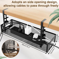 Under Desk Cable Management Tray, 15.4'' No Drill Cable Management Mesh Wire Organizer Side Opening Design for Home, Office, Internet Cafe, Kitchen, Black