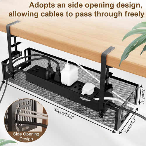 Under Desk Cable Management Tray, 15.4'' No Drill Cable Management Mesh Wire Organizer Side Opening Design for Home, Office, Internet Cafe, Kitchen, Black