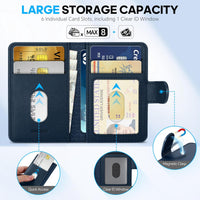 SHIELDON Magnetic Card Holder, Genuine Leather, RFID Blocking, 6 Card Slots, ID Window, Slim Pocket Wallet Compatible with iPhone 16/15/14/13/12 & Magnetic Cases - Navy Blue