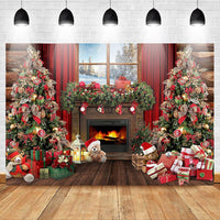 Avezano Christmas Fireplace Backdrop Xmas Tree Gifts Wooden Window Background Holiday Family Party Decorations Happy New Year Xmas Baby Shower Kids Birthday Party Portrait Banner(7ft x 5ft)