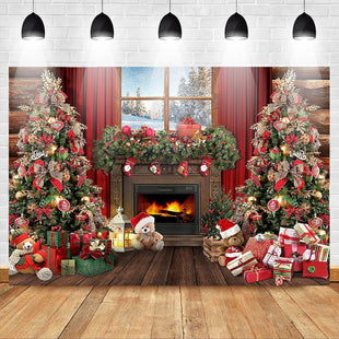 Avezano Christmas Fireplace Backdrop Xmas Tree Gifts Wooden Window Background Holiday Family Party Decorations Happy New Year Xmas Baby Shower Kids Birthday Party Portrait Banner(7ft x 5ft)