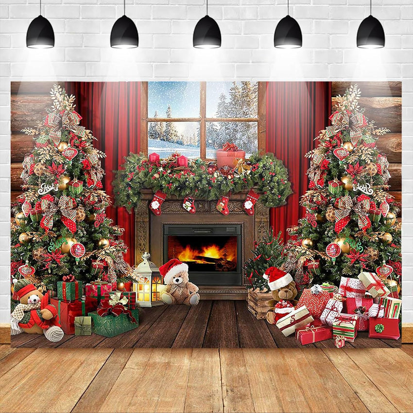 Avezano Christmas Fireplace Backdrop Xmas Tree Gifts Wooden Window Background Holiday Family Party Decorations Happy New Year Xmas Baby Shower Kids Birthday Party Portrait Banner(7ft x 5ft)