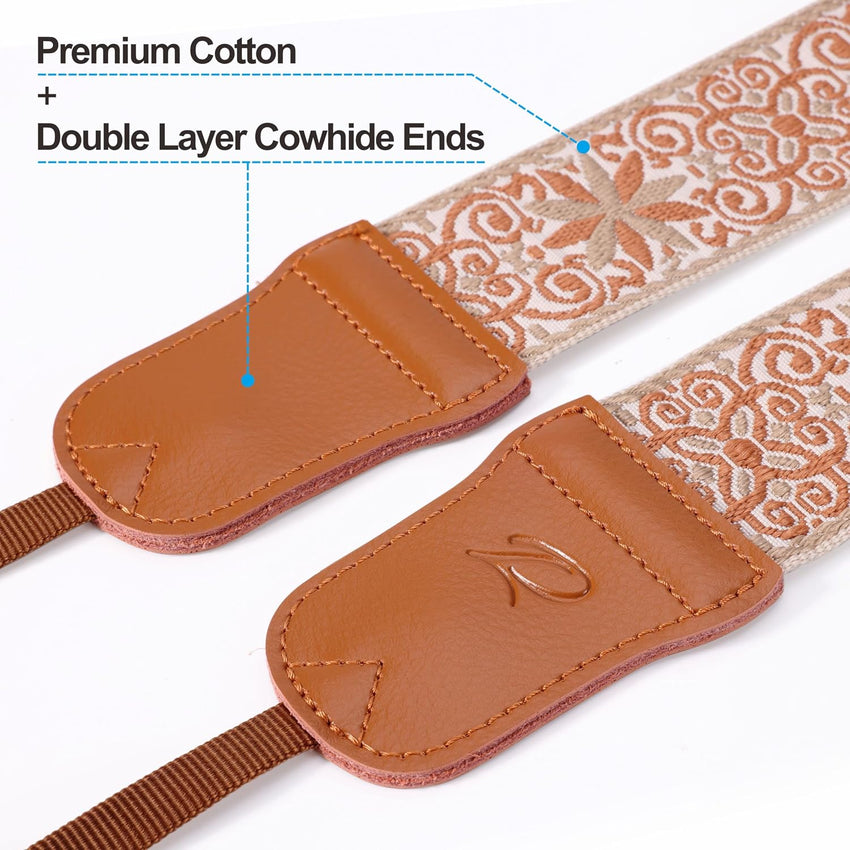 Padwa Lifestyle Camera Strap - 2" Cowhide Head Camera Straps for Photographers,Vintage Jacquard Embroidery Woven Cotton Adjustable Shoulder Neck Straps for Cameras,Binoculars (Khaki Yellow flower)
